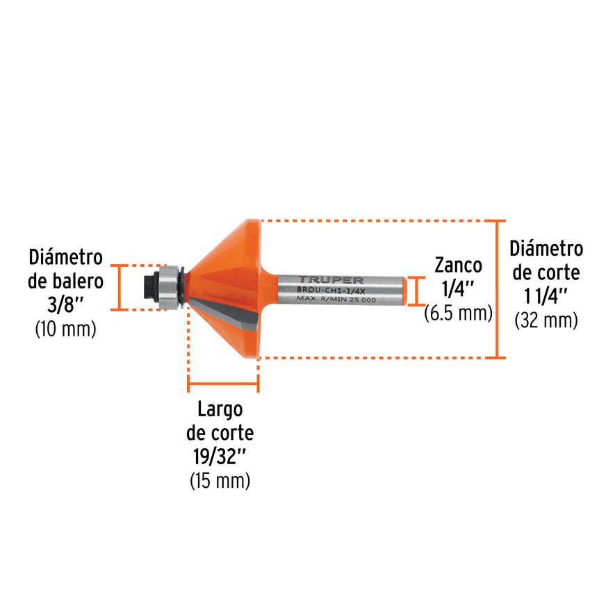 Broca para router, chaflán, 1-1/4' con balero, Truper Caja con 3, 11468