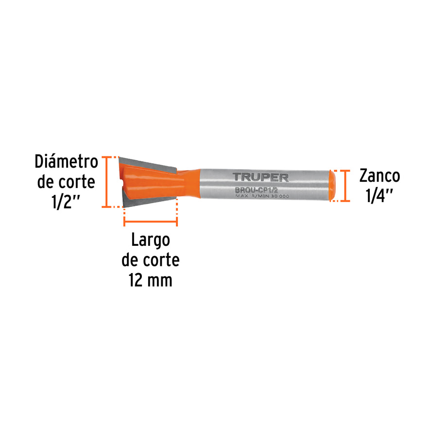 Broca para router, cola de pato, 1/2', Truper Caja con 3, 11475