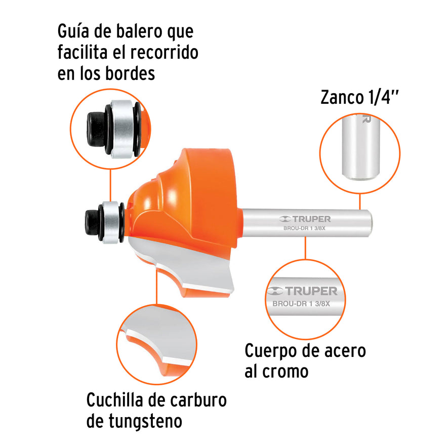 Broca para router, doble romana, 1-3/8' con balero, Truper Caja con 3, 11481