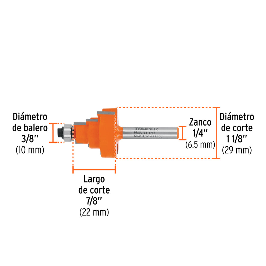 Broca para router, escalonada, 1-1/8', con balero, Truper Caja con 3, 10673