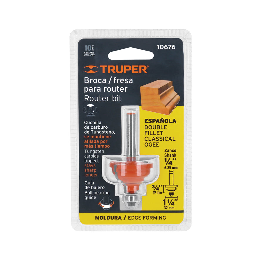 Broca para router, española, 1-1/4', con balero, Truper Caja con 3, 10676