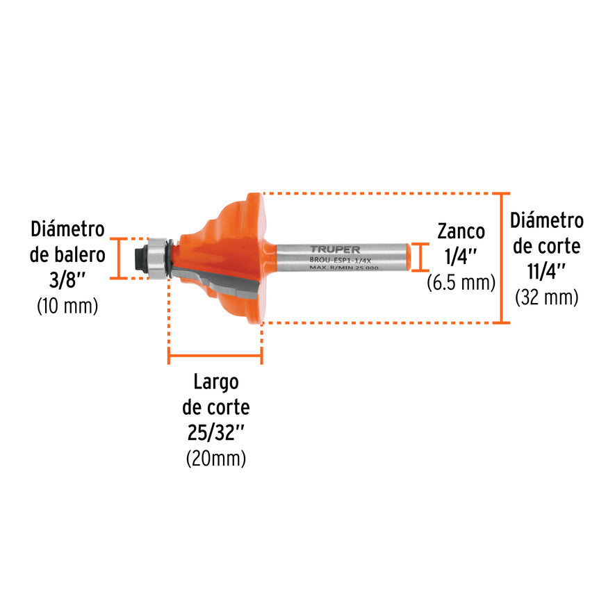 Broca para router, española, 1-1/4', con balero, Truper Caja con 3, 10676