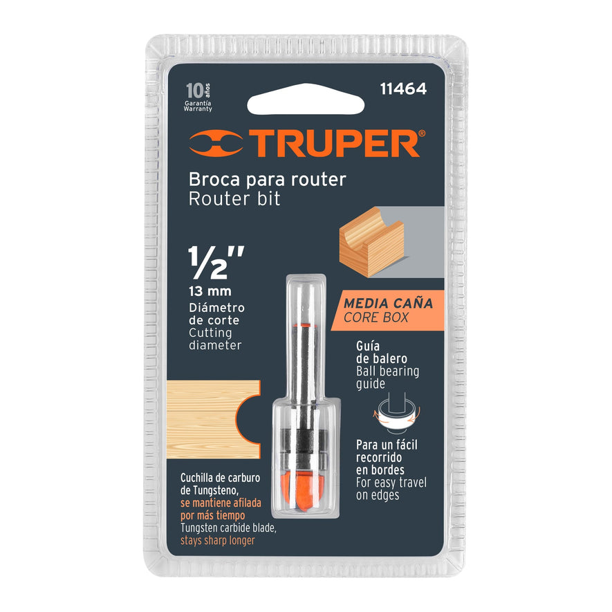 Broca para router, media caña, 1/2' con balero, Truper Caja con 3, 11464