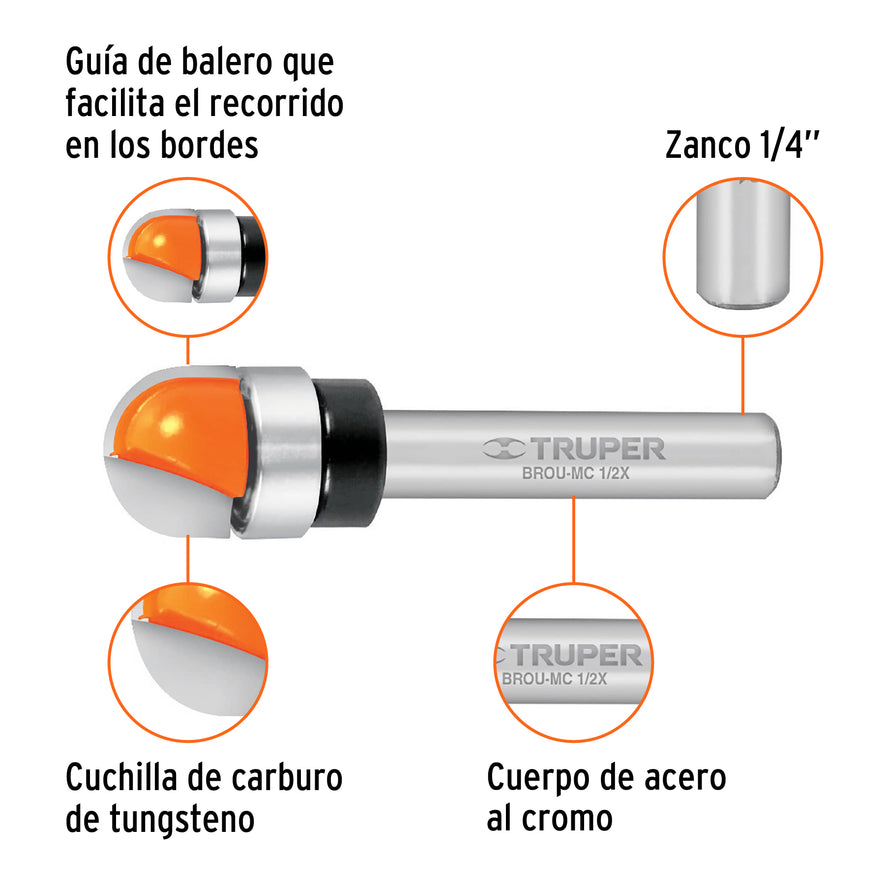 Broca para router, media caña, 1/2' con balero, Truper Caja con 3, 11464