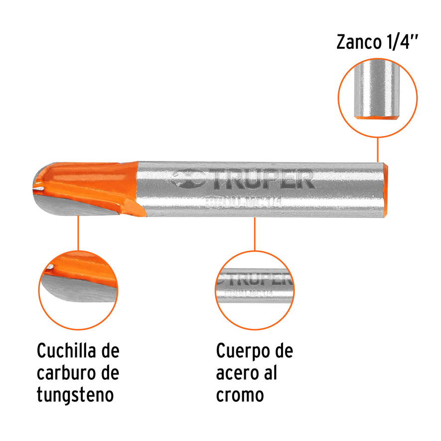 Broca para router, media caña, 1/4', Truper Caja con 3, 11460