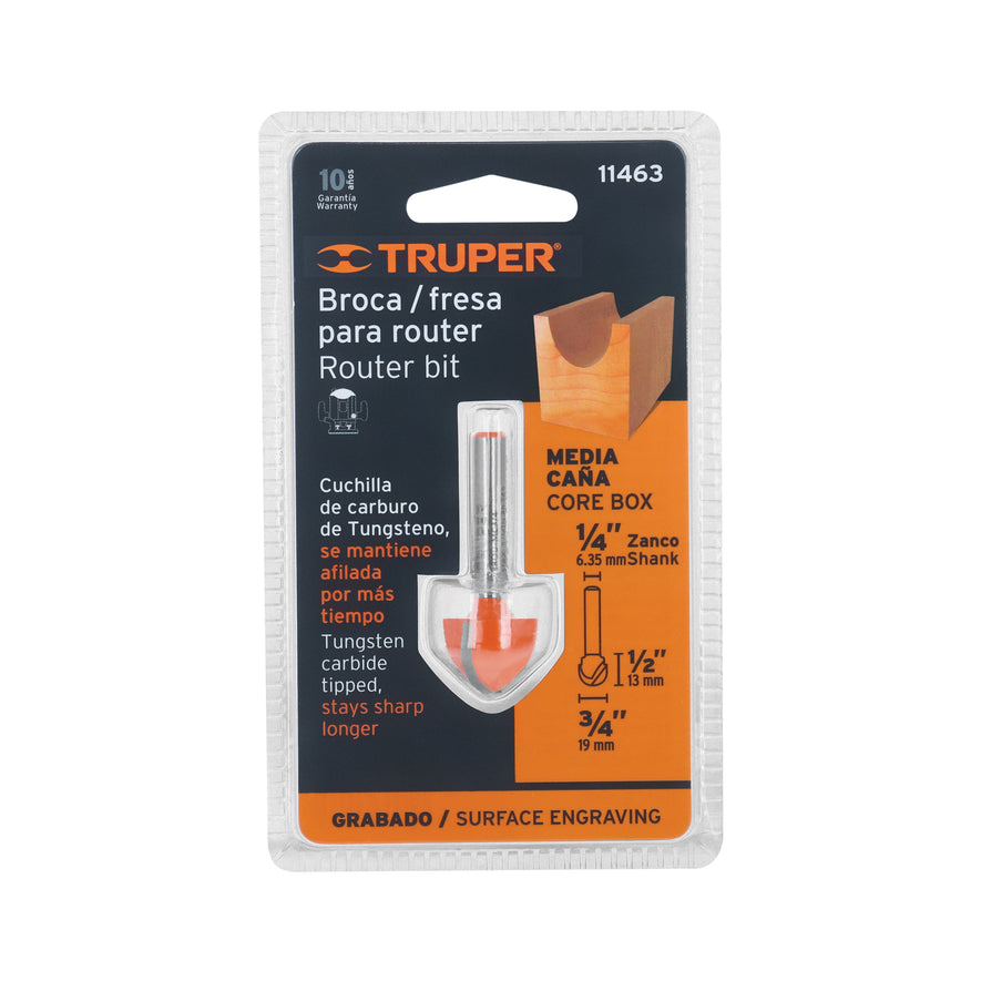 Broca para router, media caña, 3/4', Truper Caja con 3, 11463