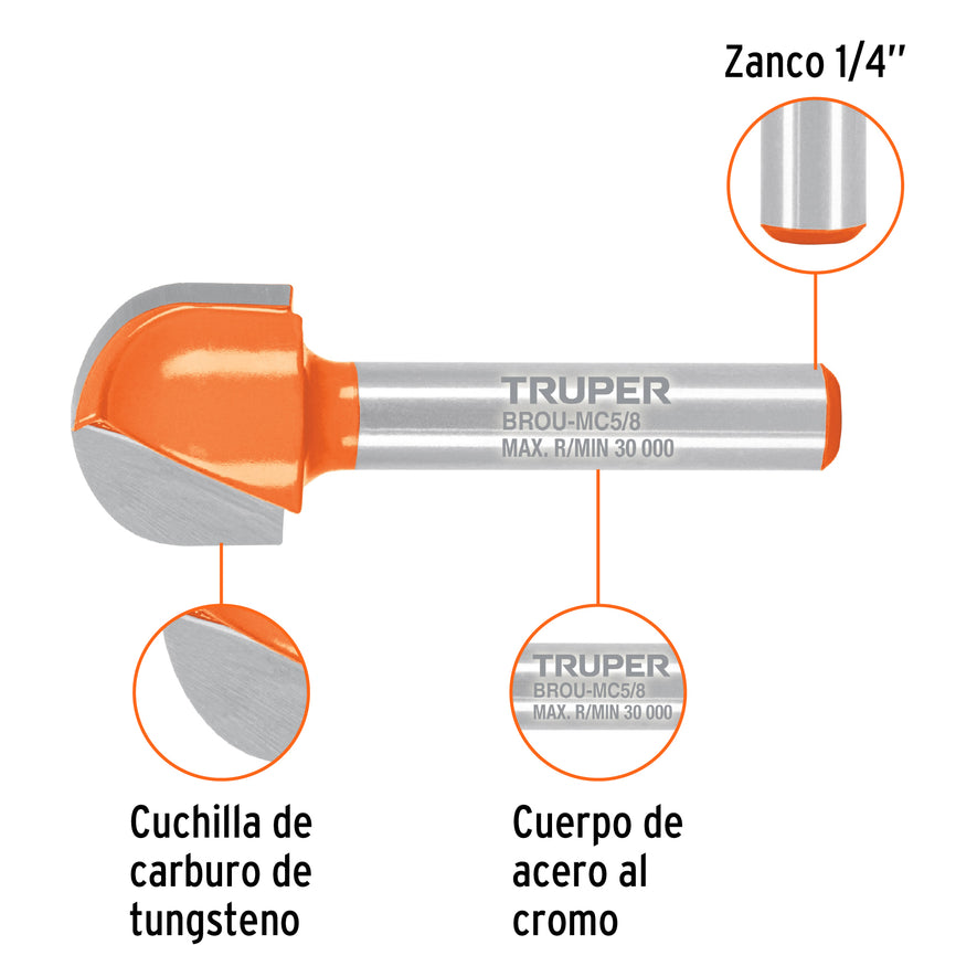 Broca para router, media caña, 5/8', Truper Caja con 3, 102722