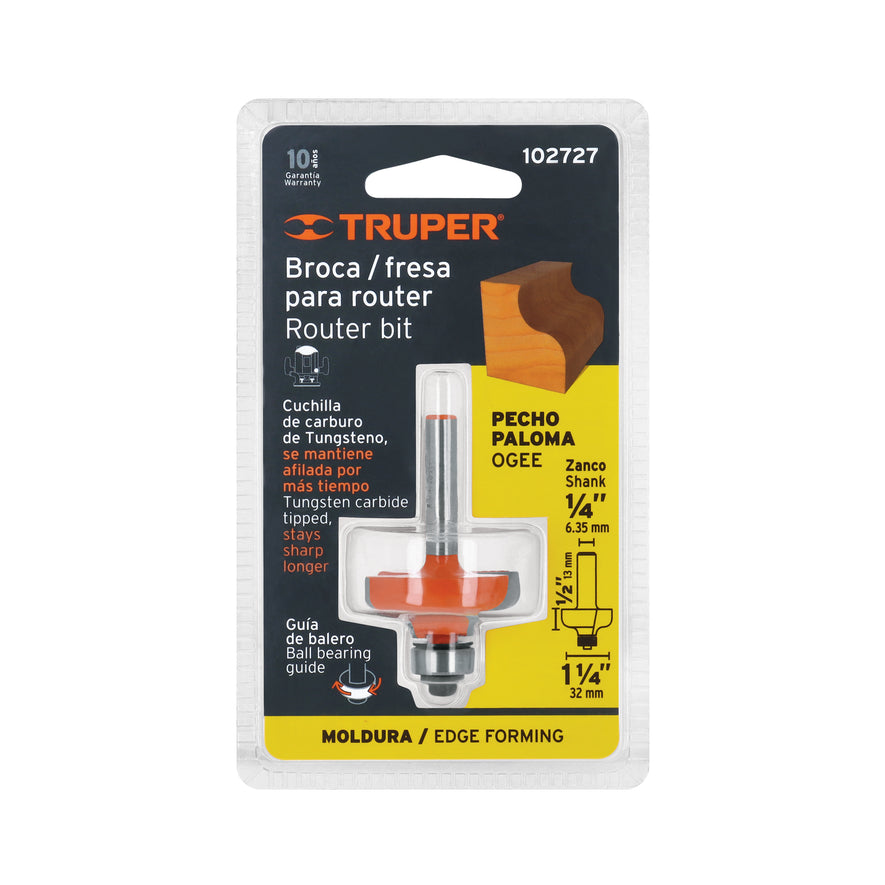 Broca para router, pecho paloma, 1-1/4' con balero, Truper Caja con 3, 102727