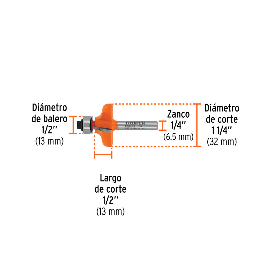 Broca para router, pecho paloma, 1-1/4' con balero, Truper Caja con 3, 102727
