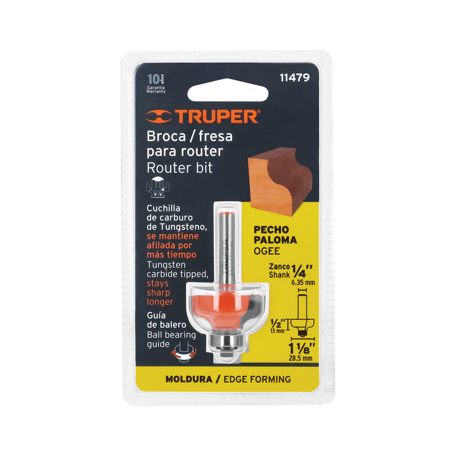 Broca para router, pecho paloma, 1-1/8' con balero, Truper Caja con 3, 11479