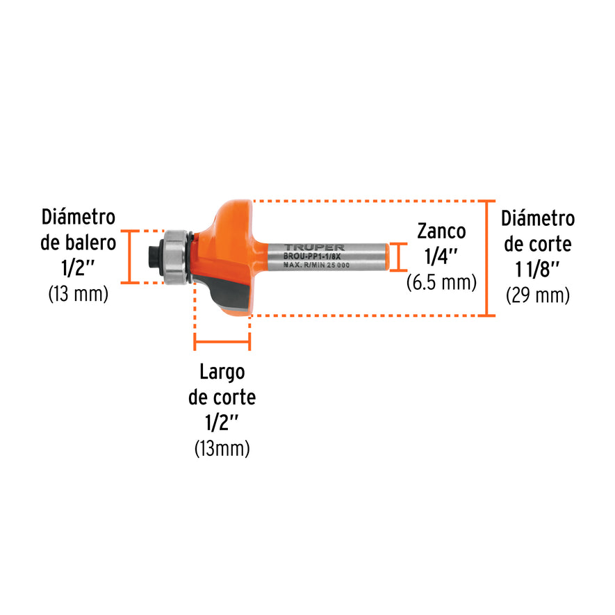 Broca para router, pecho paloma, 1-1/8' con balero, Truper Caja con 3, 11479