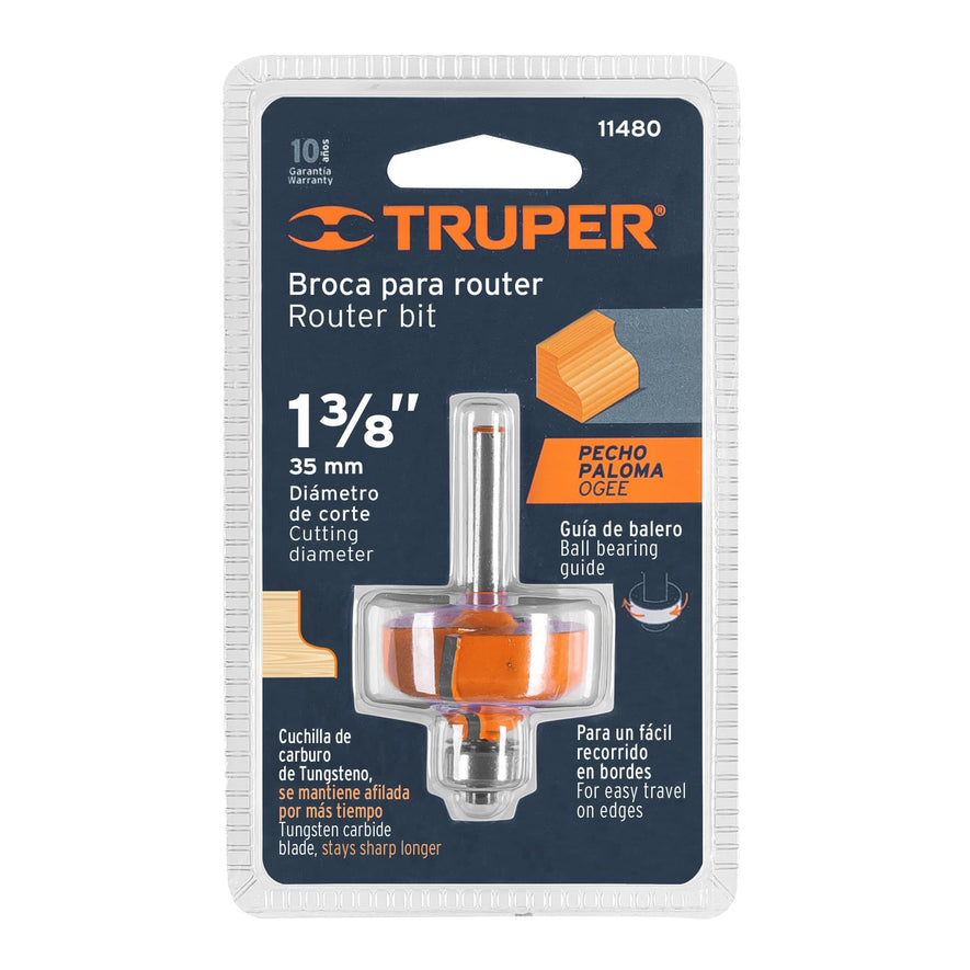 Broca para router, pecho paloma, 1-3/8' con balero, Truper Caja con 3, 11480