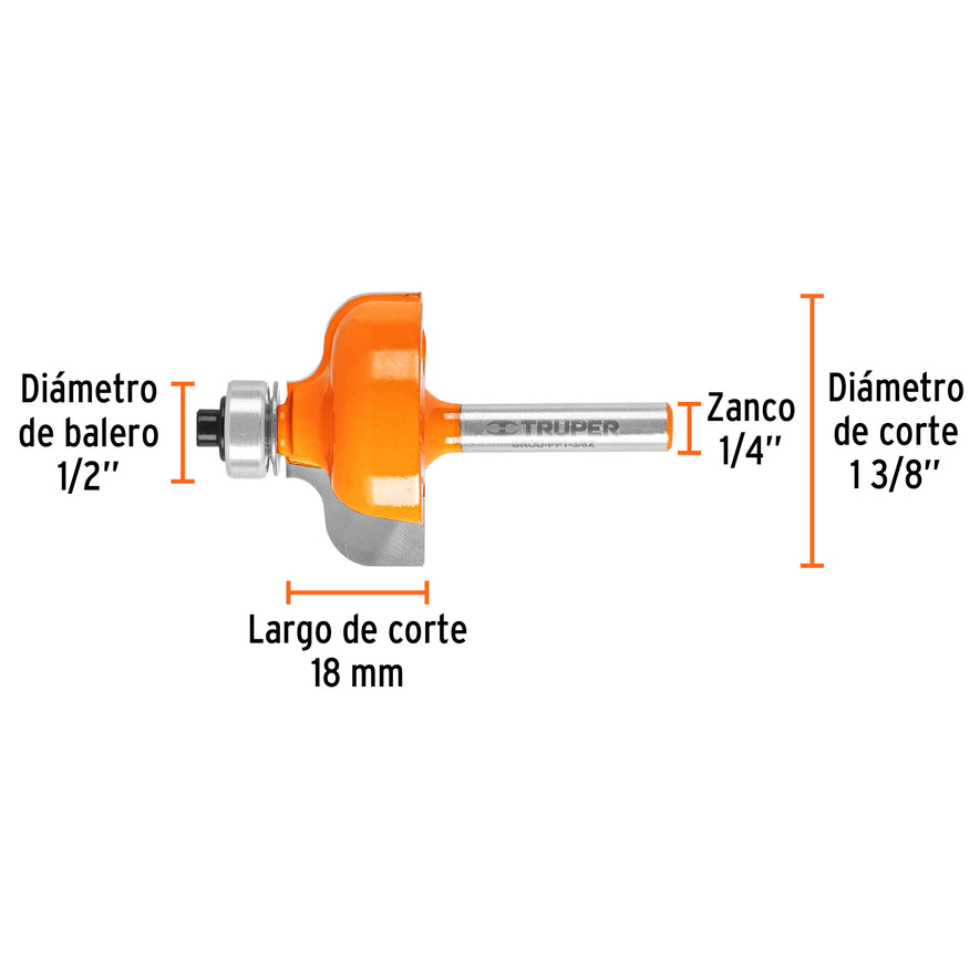 Broca para router, pecho paloma, 1-3/8' con balero, Truper Caja con 3, 11480