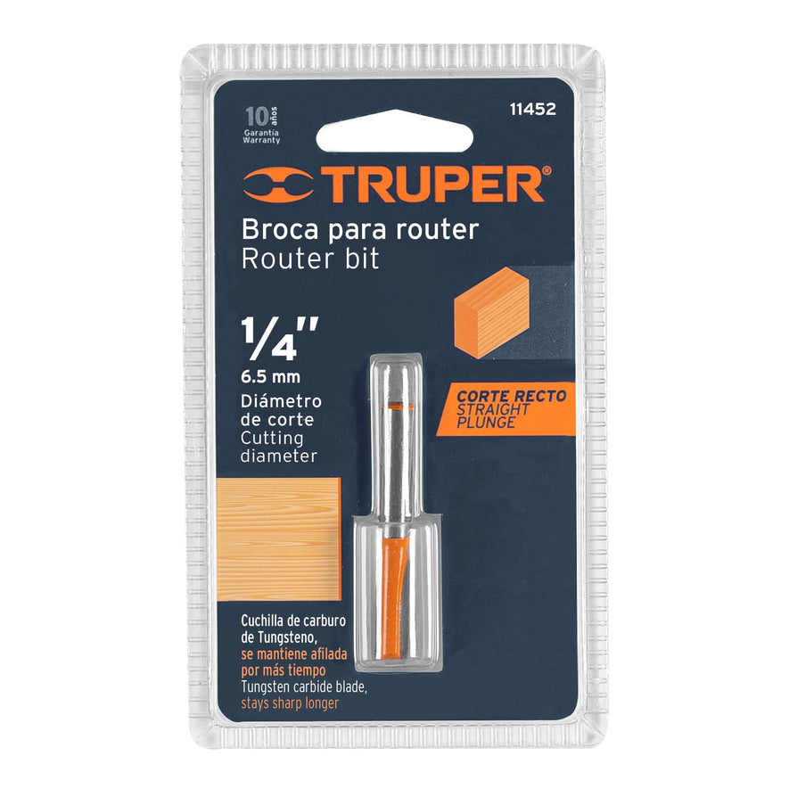 Broca para router, recta 2 filos, 1/4', mediana, Truper Caja con 3, 11452