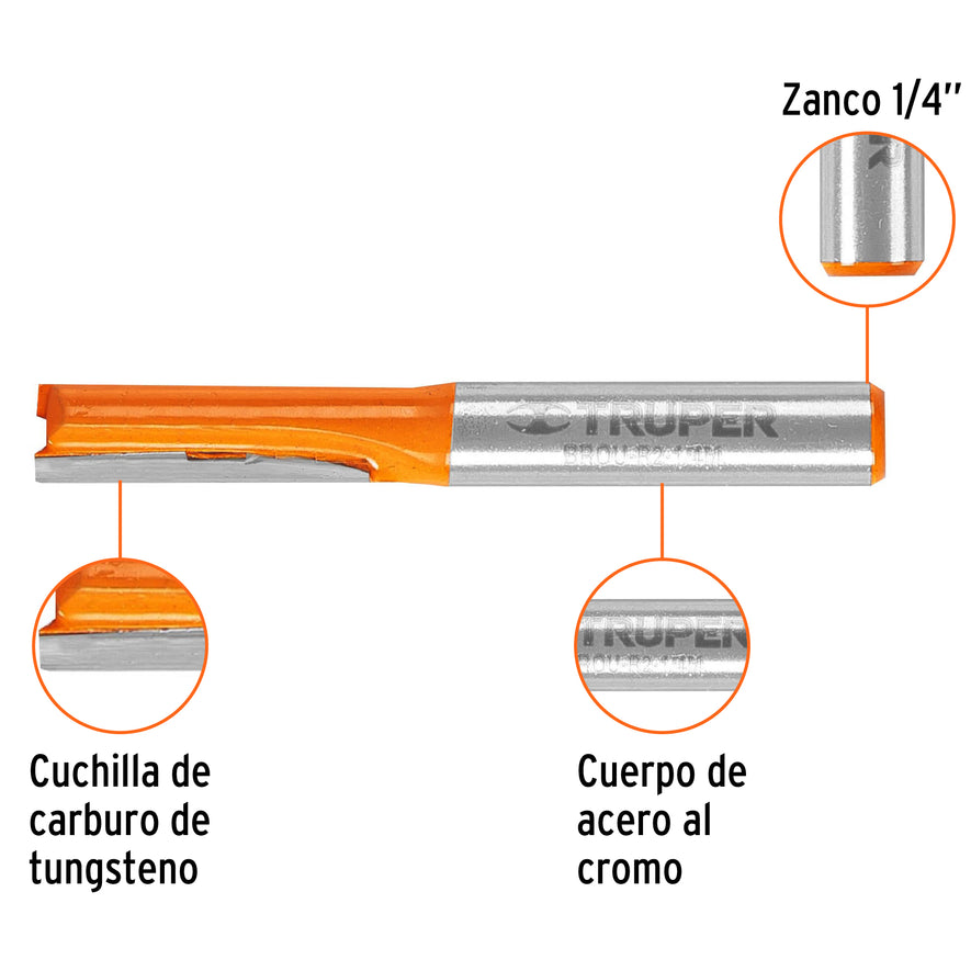 Broca para router, recta 2 filos, 1/4', mediana, Truper Caja con 3, 11452