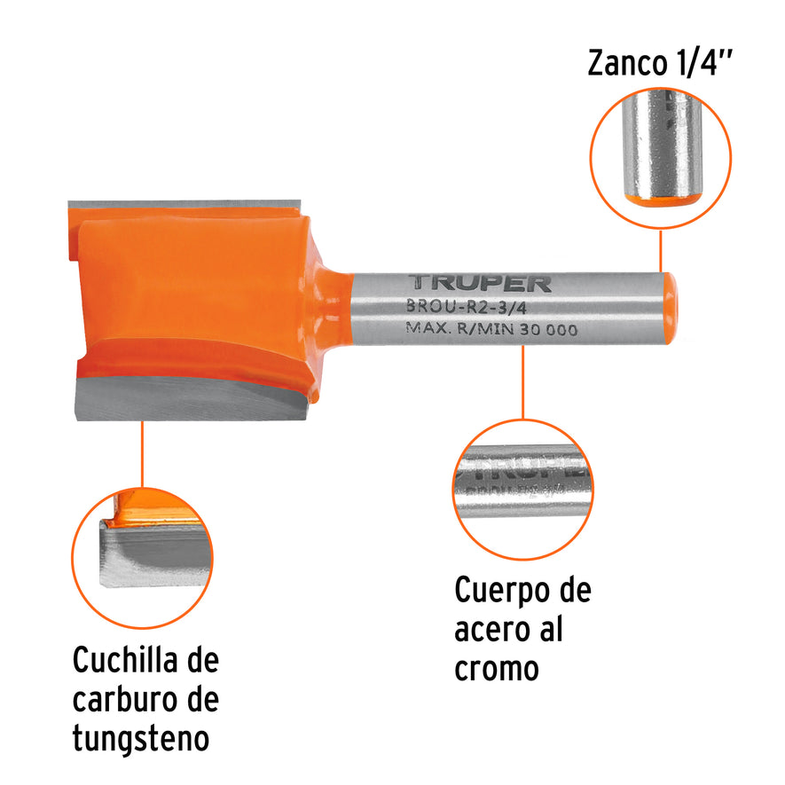 Broca para router, recta 2 filos, 3/4', Truper Caja con 3, 11459