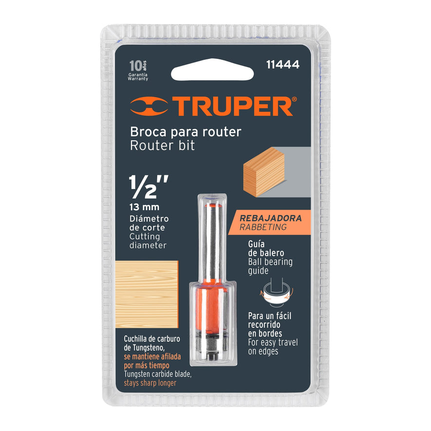 Broca para router, corte recto, 1/2' con balero, Truper Caja con 3, 11444