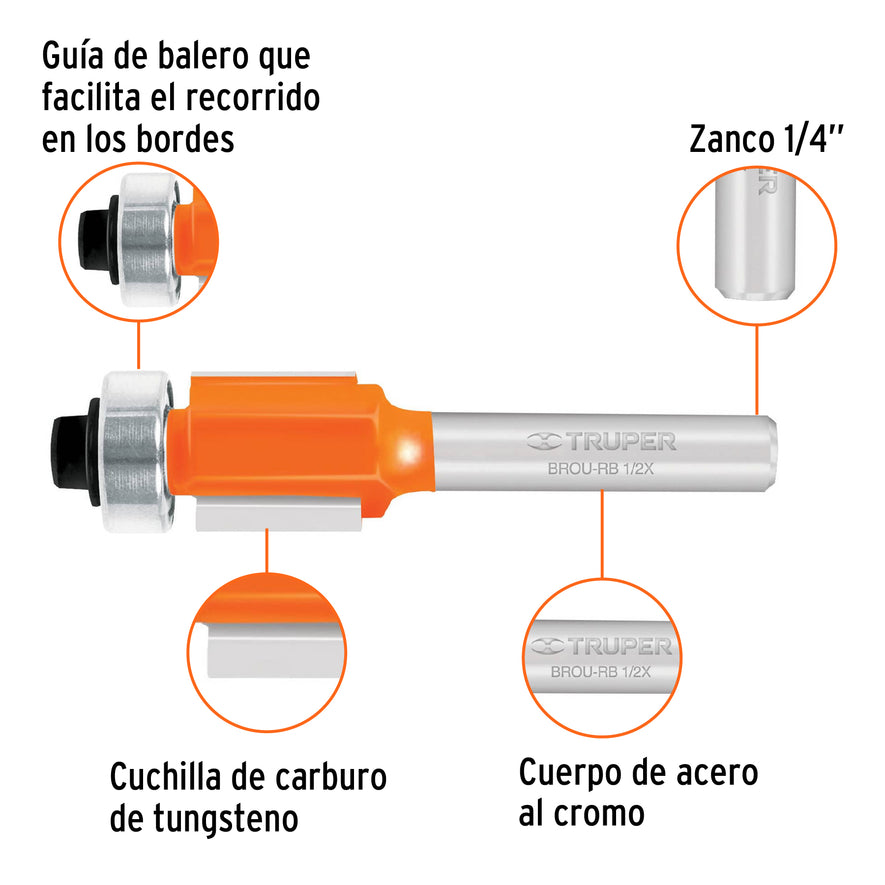 Broca para router, corte recto, 1/2' con balero, Truper Caja con 3, 11444