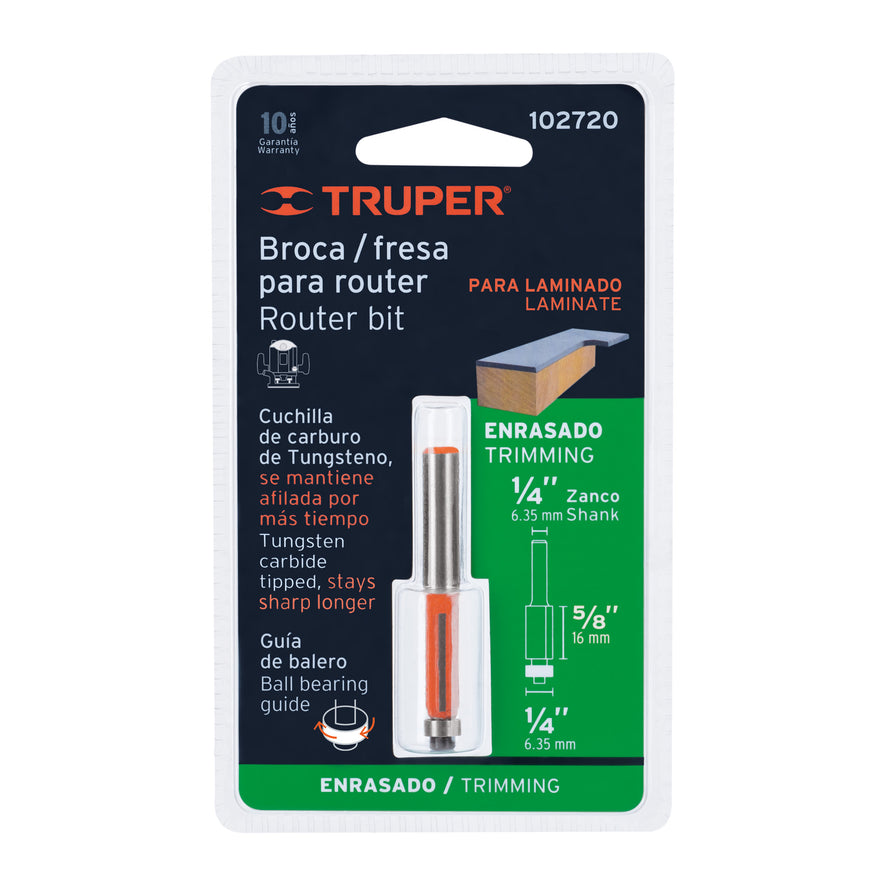 Broca para router, corte recto, 1/4' con balero, Truper Caja con 3, 102720