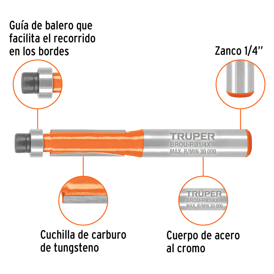 Broca para router, corte recto, 1/4' con balero, Truper Caja con 3, 102720