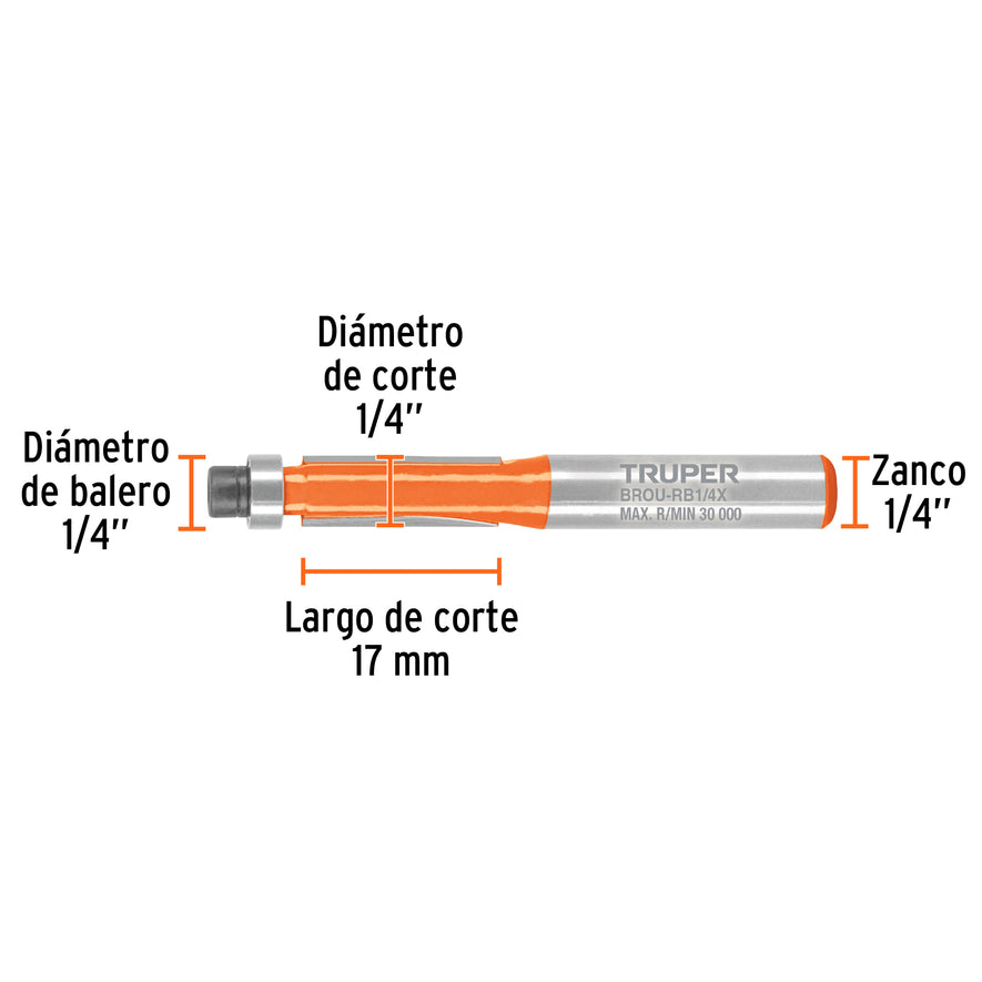 Broca para router, corte recto, 1/4' con balero, Truper Caja con 3, 102720