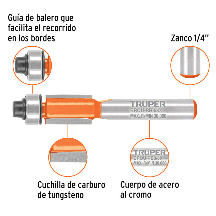 Broca para router, corte recto, 3/8' con balero, Truper Caja con 3, 102721