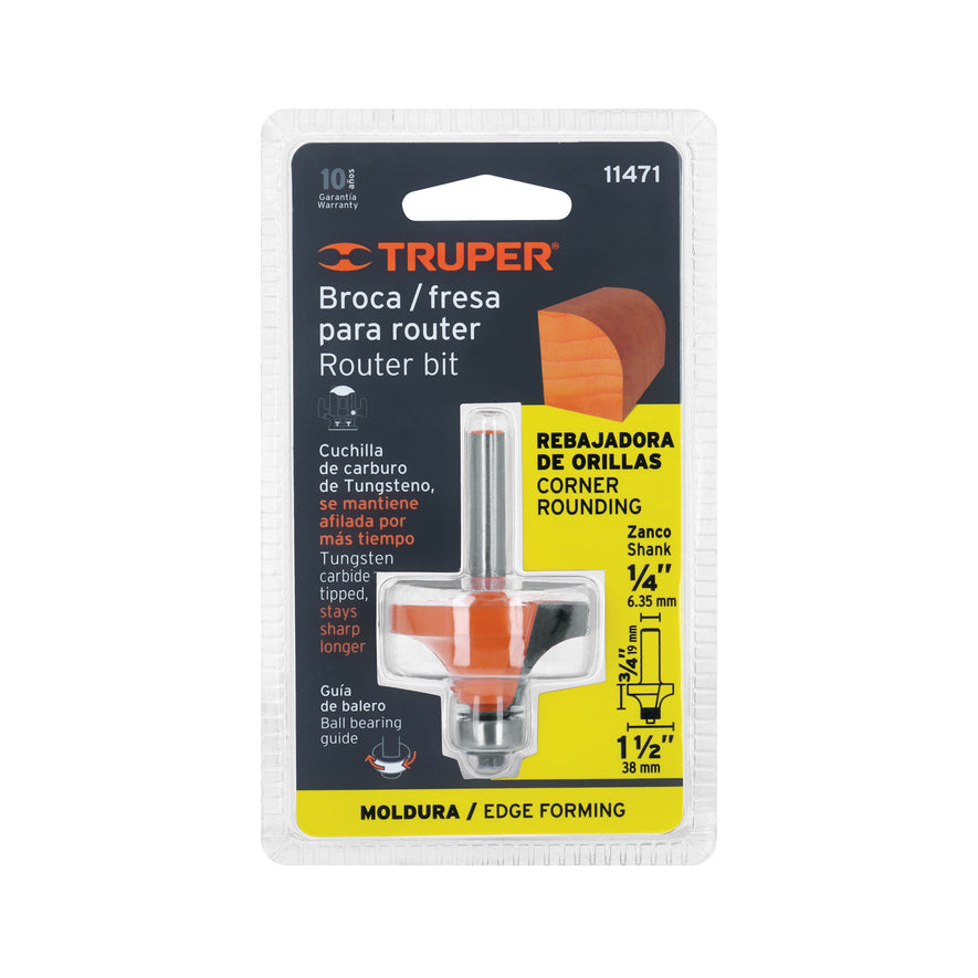 Broca para router, redondeado, 1-1/2' con balero, Truper Caja con 3, 11471