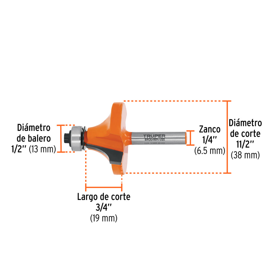 Broca para router, redondeado, 1-1/2' con balero, Truper Caja con 3, 11471