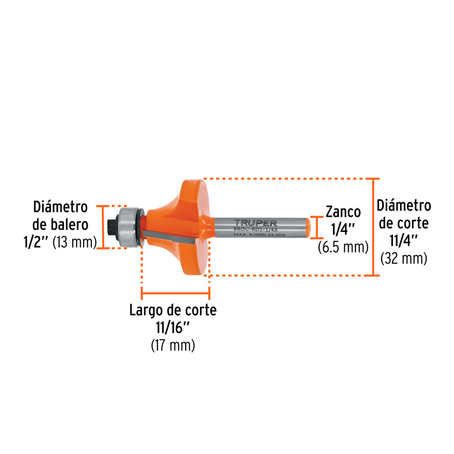 Broca para router, redondeado, 1-1/4' con balero, Truper Caja con 3, 11470