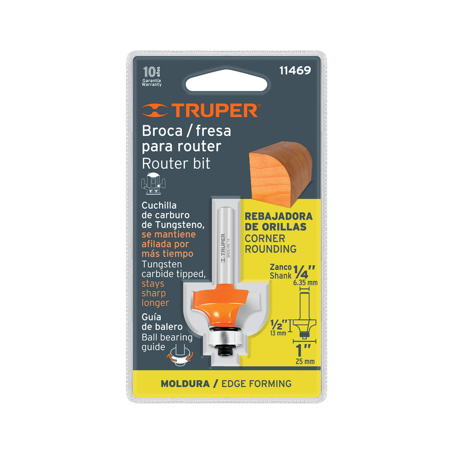 Broca para router, redondeado, 1' con balero, Truper Caja con 3, 11469