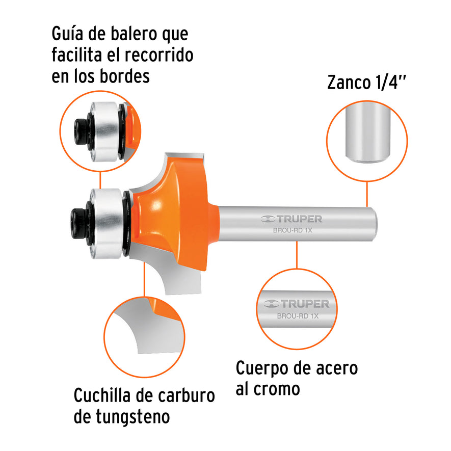 Broca para router, redondeado, 1' con balero, Truper Caja con 3, 11469