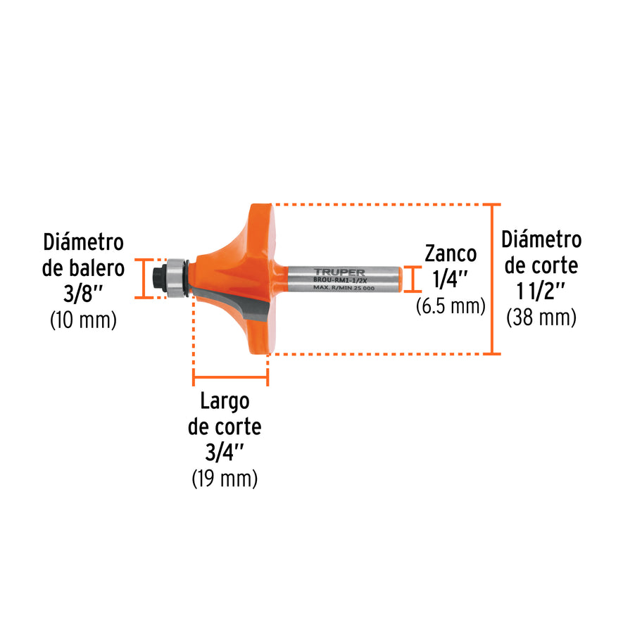 Broca para router, redondeado con moldura, 1-1/2' con balero Caja con 3, 11474