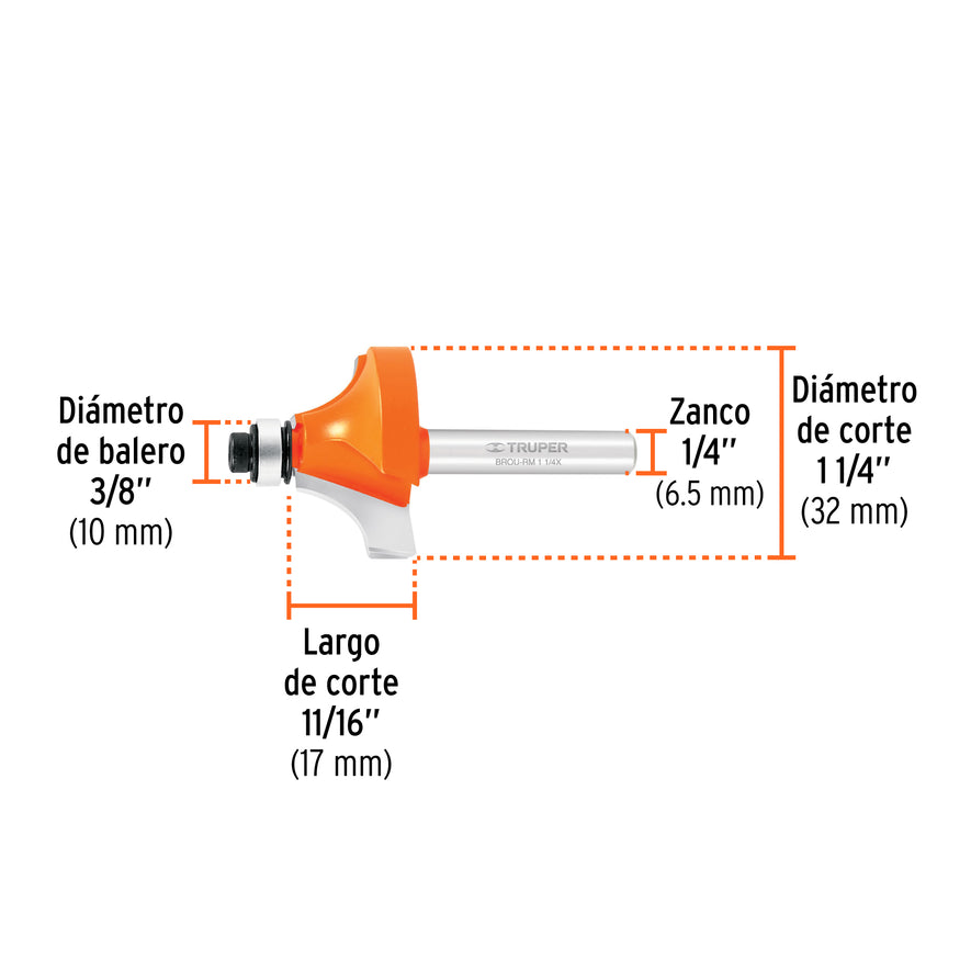 Broca para router, redondeado con moldura, 1-1/4' con balero Caja con 3, 11473