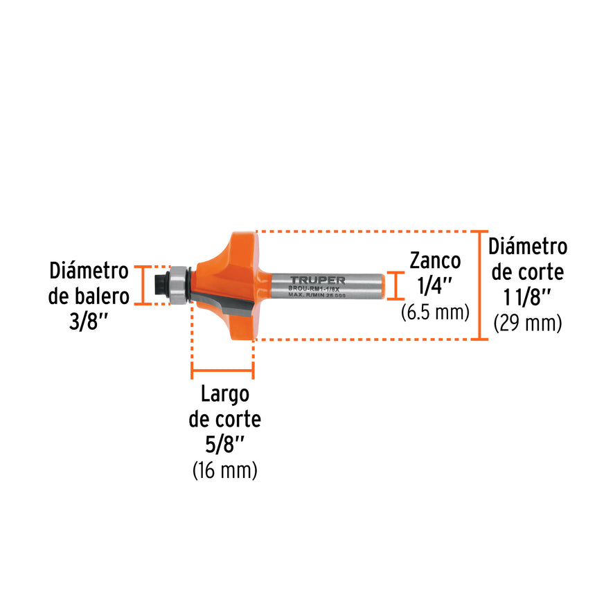 Broca para router, redondeado con moldura, 1-1/8' con balero Caja con 3, 102725