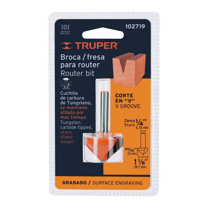 Broca para router, corte en 'V', 1-1/8', Truper Caja con 3, 102719