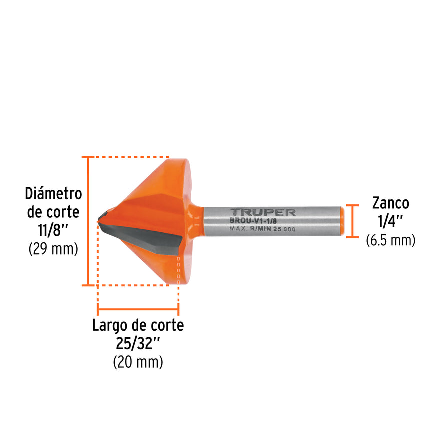Broca para router, corte en 'V', 1-1/8', Truper Caja con 3, 102719