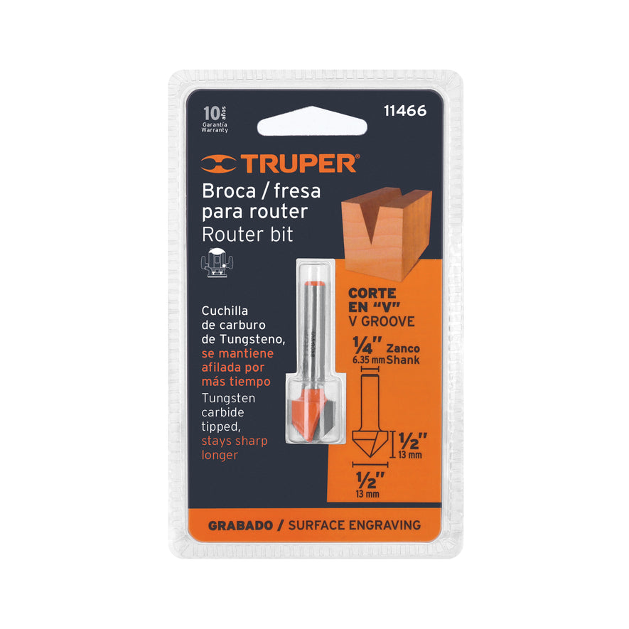 Broca para router, corte en 'V', 1/2', Truper Caja con 3, 11466