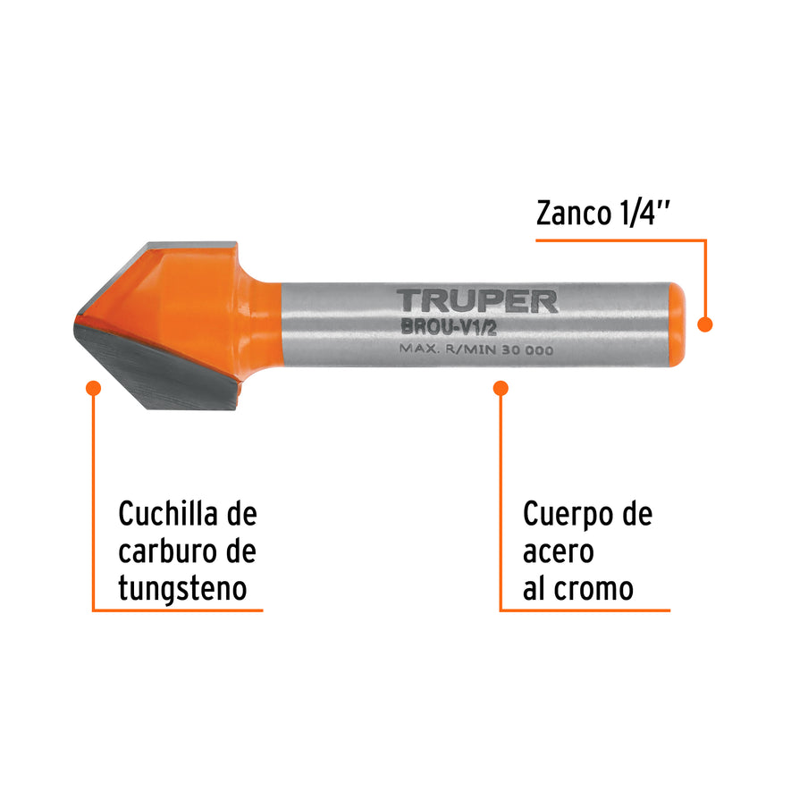 Broca para router, corte en 'V', 1/2', Truper Caja con 3, 11466