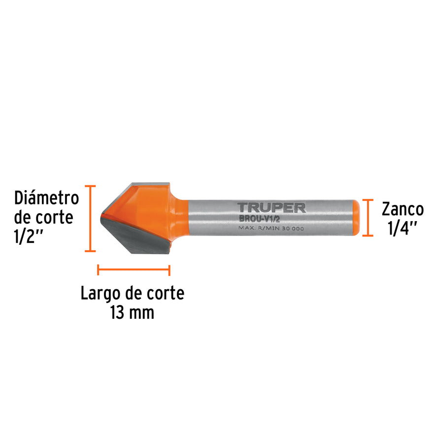 Broca para router, corte en 'V', 1/2', Truper Caja con 3, 11466