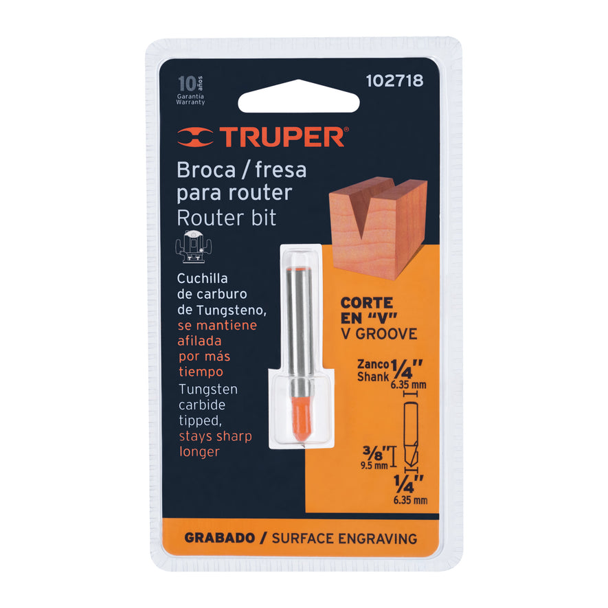 Broca para router, corte en 'V', 1/4', Truper Caja con 3, 102718