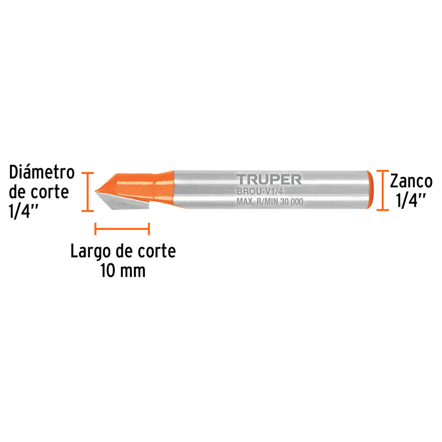 Broca para router, corte en 'V', 1/4', Truper Caja con 3, 102718
