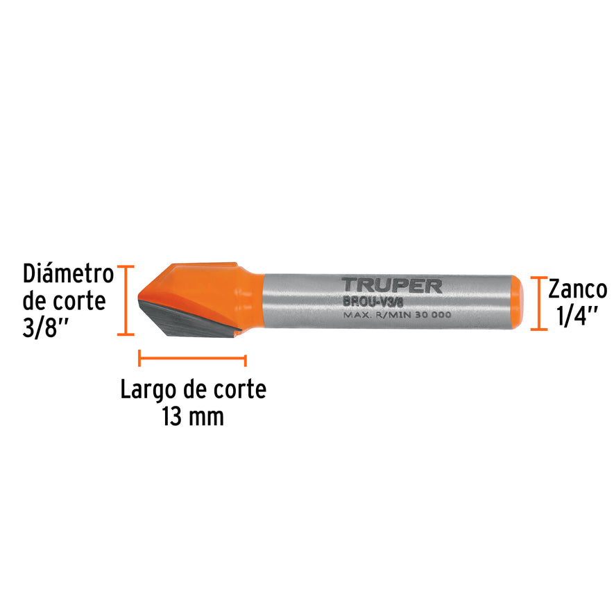 Broca para router, corte en 'V', 3/8', Truper Caja con 3, 11465
