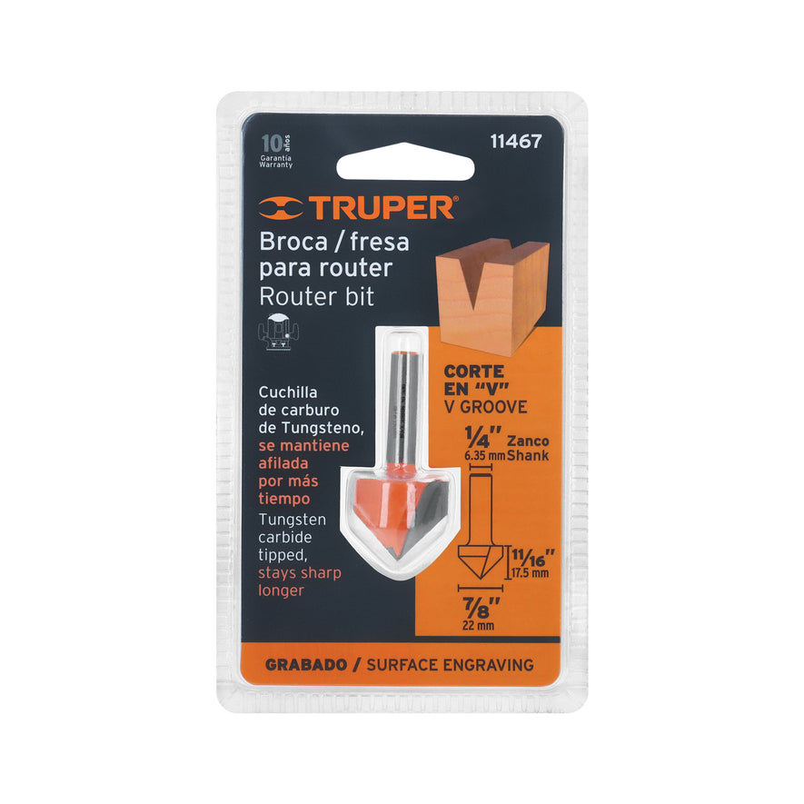 Broca para router, corte en 'V', 7/8', Truper Caja con 3, 11467