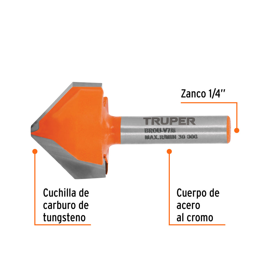 Broca para router, corte en 'V', 7/8', Truper Caja con 3, 11467