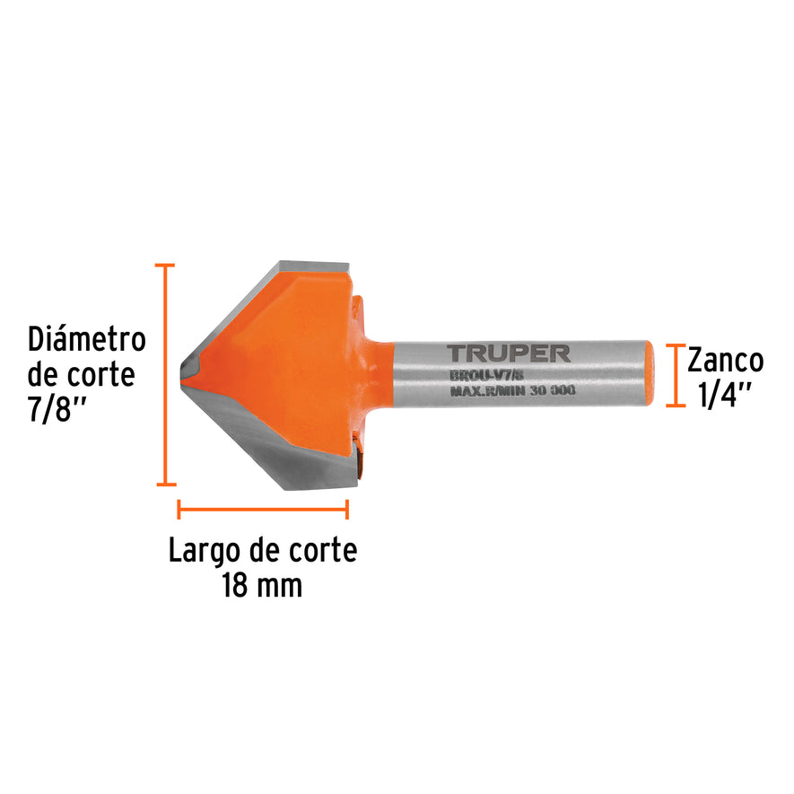 Broca para router, corte en 'V', 7/8', Truper Caja con 3, 11467