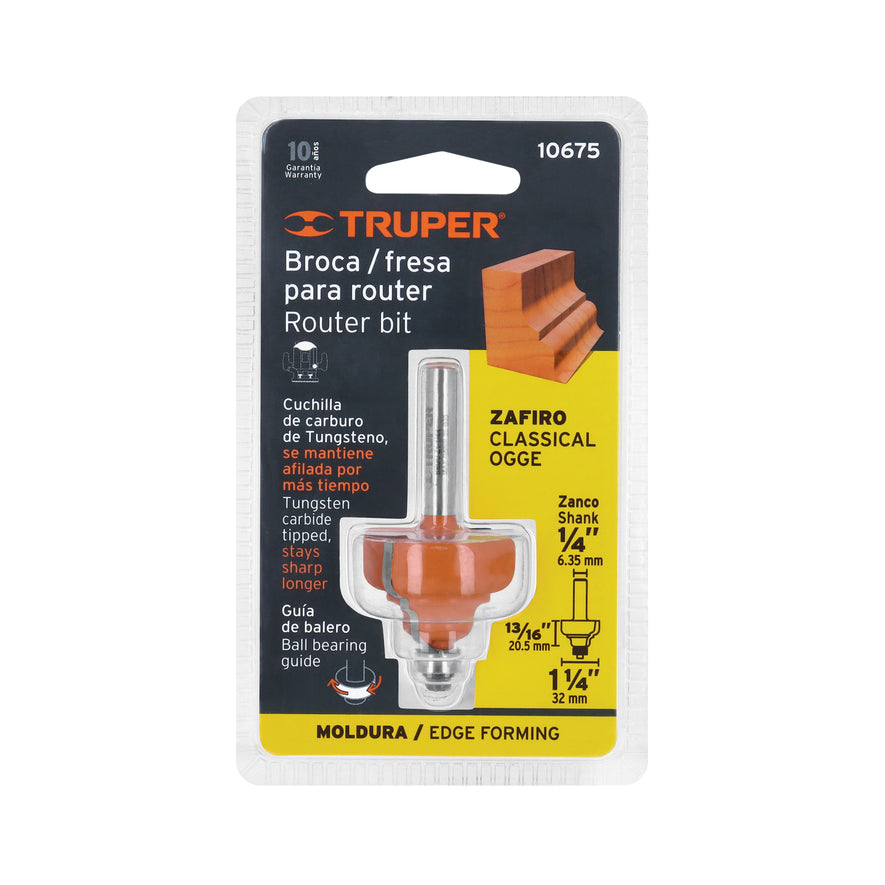 Broca para router, zafiro, 1-1/4', con balero, Truper Caja con 3, 10675