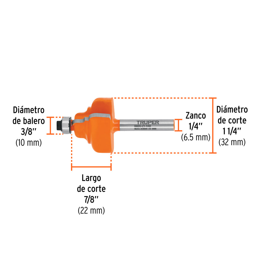 Broca para router, zafiro, 1-1/4', con balero, Truper Caja con 3, 10675