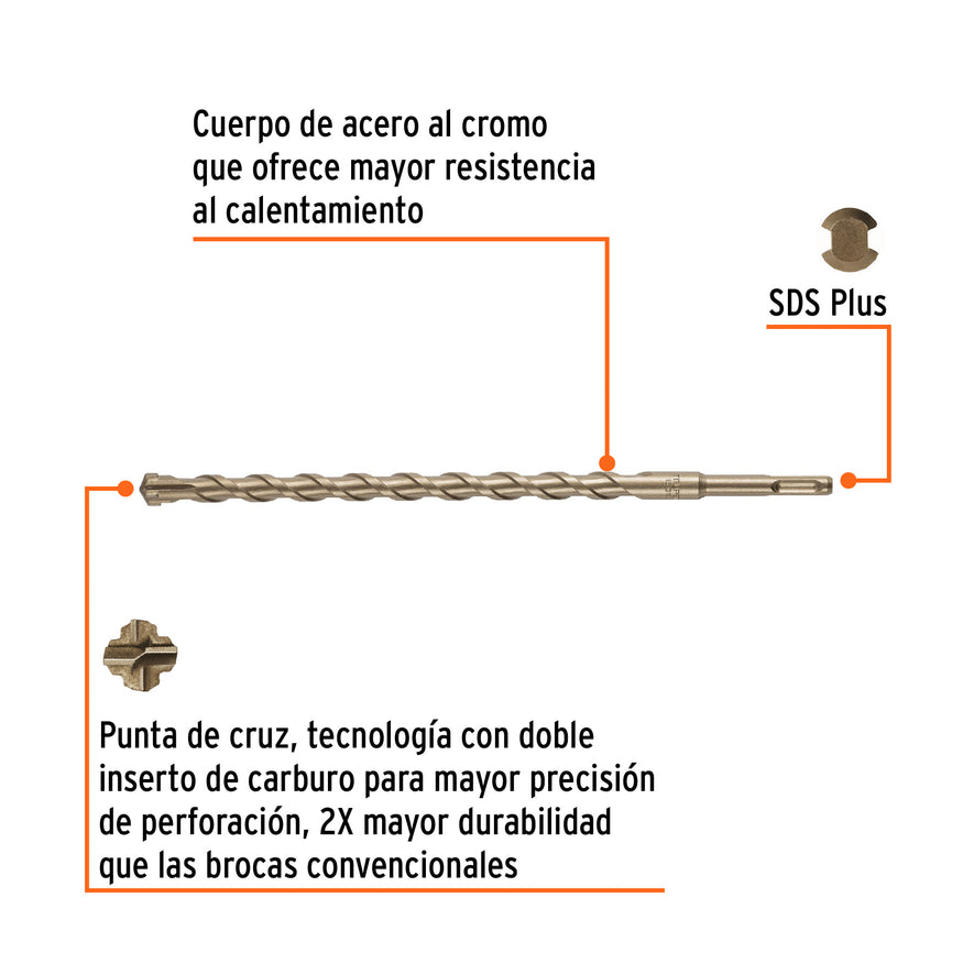 Broca SDS Plus 16 x 310 mm, Truper Caja con 5, 101205