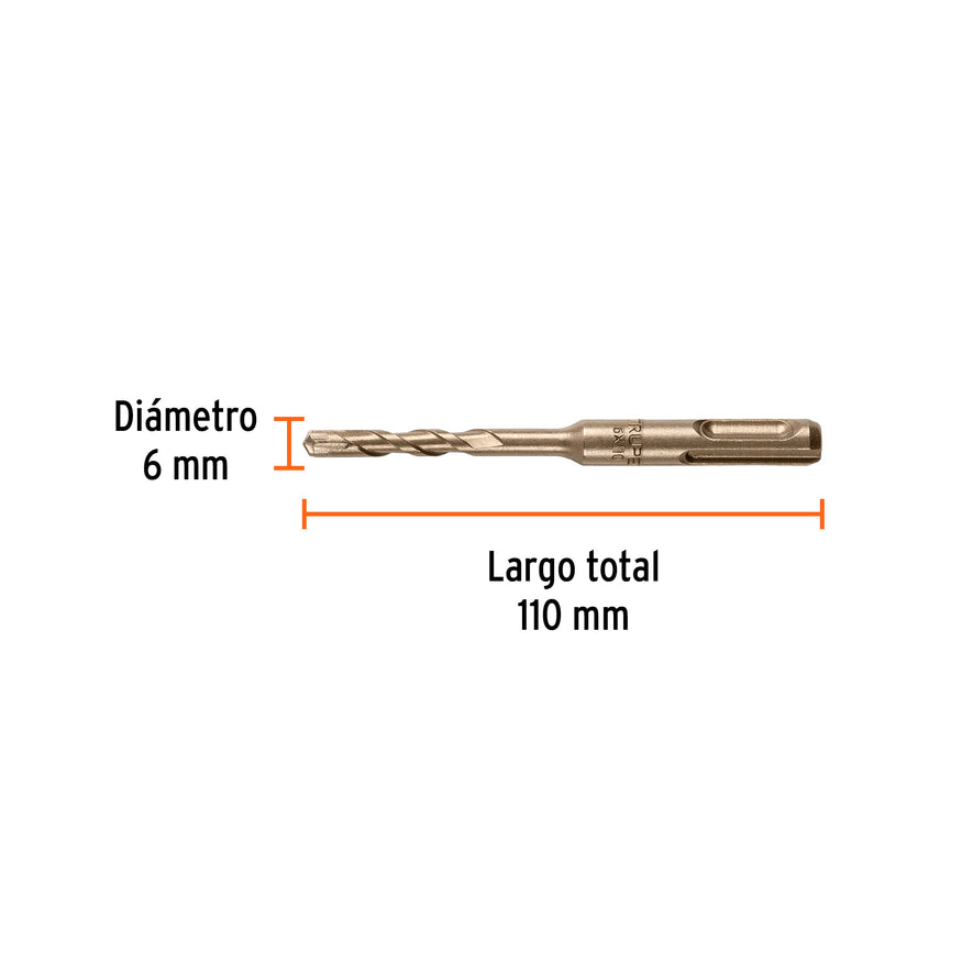 Broca SDS Plus 6 x 110 mm, Truper Caja con 5, 101108