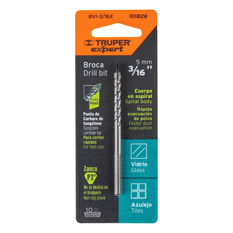 Broca para vidrio y azulejo 3/16', Truper Expert Caja con 6, 101826